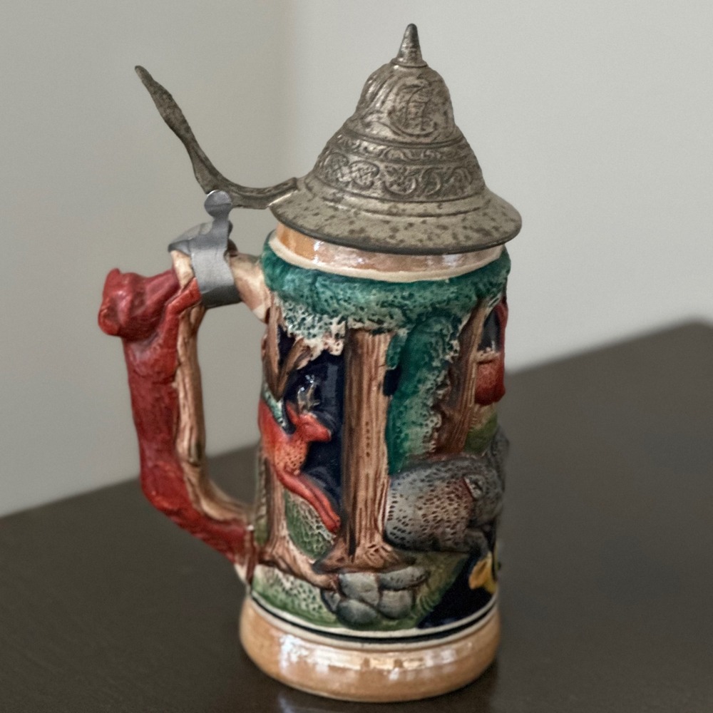 Vintage German Beer‎ Stein With Fox Handle Pewter Lid Ceramic Forest Scene